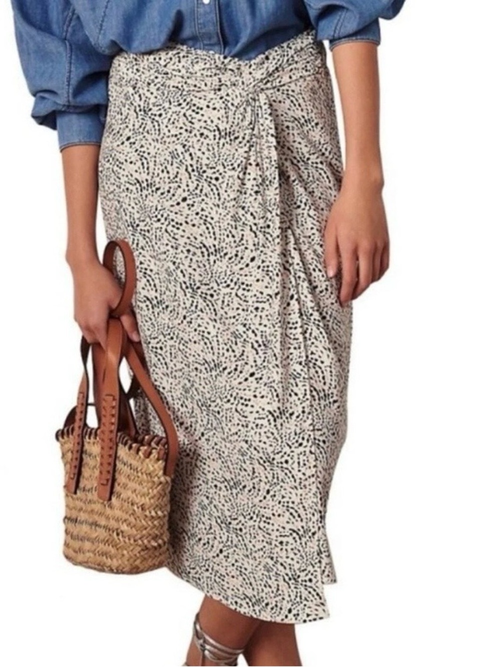 ba&sh ICAMI Skirt - Cream Midi Skirt with Black Speckle Print